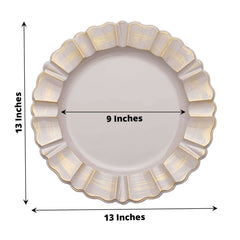 6-Pack Acrylic Plastic Round Charger Plates 13" in Nude Taupe with Gold Brushed Wavy Scalloped Rim, Decorative Dinner Party Charger Tableware
