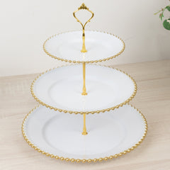 14" White 3-Tier Plastic Dessert Display Stand With Gold Beaded Rim, Round Cupcake Tower Tea Party Serving Platter With Top Handle