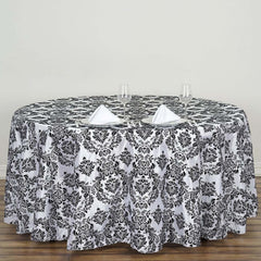 Taffeta 120" Round Tablecloth Black - Seamless Velvet Flocking Damask Design for Sophisticated Gatherings