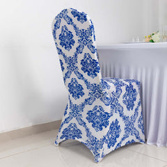 Spandex Banquet Chair Cover Fitted Cover in Royal Blue - Stretch 160gsm Fabric with Foot Pockets & Damask Pattern