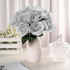12" Silver Artificial Velvet-Like Fabric Rose Flower Bouquet Bush