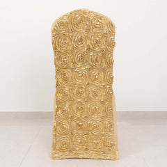 Satin Rosette Chair Cover for Banquet Chairs Champagne - Stretch Fitted Slip-On Slipcover