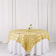 Satin 72"x72" Table Overlay Square Tablecloth Champagne - 3D Rosette Table Cover