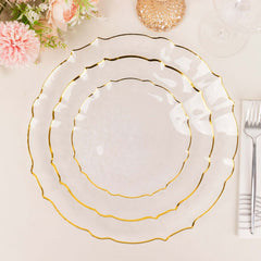 10-Pack Plastic 10" Round Dinner Plates in Clear Sunflower with Gold Scalloped Rim - Disposable Party Plates for Classy Events & Banquets