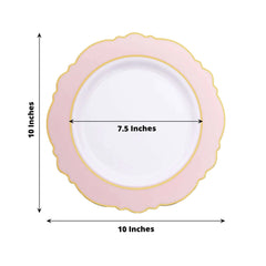 10-Pack Plastic 10" Round Dinner Plates in White with Blush Blossom Design & Gold Edging - Disposable Party Plates