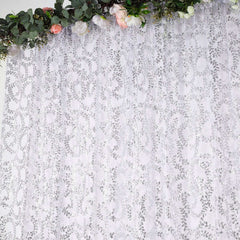 8ftx8ft Silver Embroider Sequin Event Curtain Drapes, Sparkly Sheer Backdrop Event Panel With Embroidery Leaf