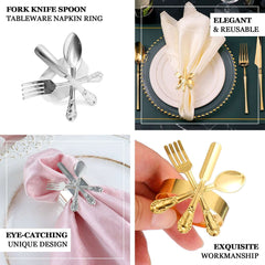 4 Pack Silver Metal Fork Knife Spoon Design Napkin Rings - Utensil Themed Napkin Holders