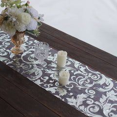 Sheer Organza 12"x108" Table Runner Roll Metallic Silver Foil Floral Swirl Design - Disposable Stylish Event Decoration