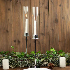 2-Pack Silver Metal Taper Candlestick Holders, Clear Glass Hurricane Candle Stands With Chimney Candle Shades 20"