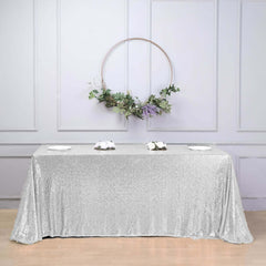 Sequin 90"x156" Rectangle Tablecloth Silver - Seamless Twinkling Table Cover