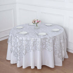 Tulle 72"x72" Table Overlay Square Tablecloth Silver - Sequin Leaf Embroidered Table Topper
