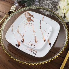 10-Pack Plastic 8" Square Dessert Plates in White with Rose Gold Marble Design - Disposable Appetizer Salad Party Plates