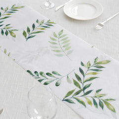 Disposable Table Runner 11"x108" White with Green Olive Leaves Print - Non-woven Stylish Spring Summer Dining Decor