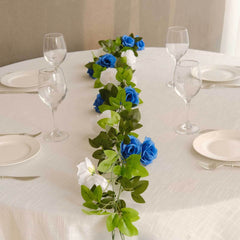 2 Pack 7ft White Royal Blue Artificial Silk Flower Garland Mini Rose Vines with 26 Flower Heads