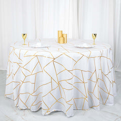 Polyester 120" Round Tablecloth White with Gold Foil Geometric Pattern Wrinkle-Resistant Modern Seamless Table Cover