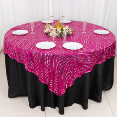 Mesh 72"x72" Table Overlay Square Tablecloth Fuchsia Silver - Wave Embroidered Sequins Table Topper
