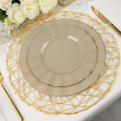 10-Pack Plastic 9" Round Dinner Plates in Taupe Ruffled Rim with Gold Edging - Sturdy Disposable Dinnerware