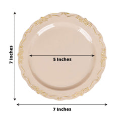 10-Pack Plastic 7" Round Dessert Plates in Taupe with Gold Vintage Embossed Rim - Sturdy Disposable Scalloped Edge Salad Plates