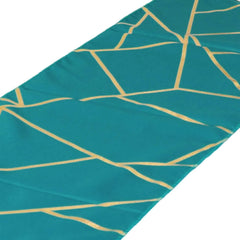 Polyester 9ft Table Runner Teal with Gold Foil Modern Geometric Accent