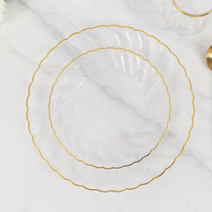 10-Pack Plastic 7.5" Round Salad Dessert Plates in Clear with Gold Flair Rim - Disposable Party Plates for Upscale Banquets & Special Occasions