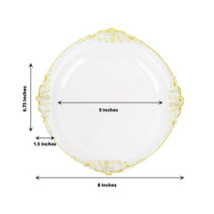 10-Pack Plastic 8" Round Dessert Plates in Clear with Gold Leaf Embossed Rim - Disposable Vintage Baroque Style Salad Plates