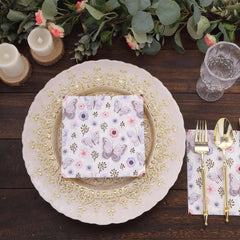 20-Pack Paper Beverage Napkins with Lavender Butterfly Floral Design Ivory - 2 Ply Soft 18GSM Garden Wedding Napkins 6.5"x6.5"
