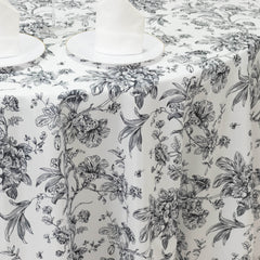 Polyester 120" Round Tablecloth White - Black French Toile Pattern for Chic Weddings