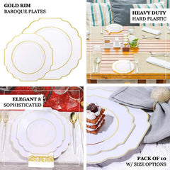 10-Pack Plastic Dessert Appetizer Plates in Blush Baroque Design with Scalloped Gold Rim - Heavy Duty Disposable Salad Plates 8"