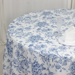 Polyester 108" Round Tablecloth White - Blue French Toile Pattern for Chic Weddings