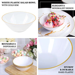 24-Pack Heavy Duty Plastic Ice Cream Bowls Glossy White Gold Rim Premium - Great for Events 7oz