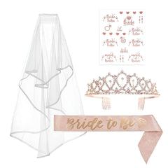 1 Set Rose Gold Bachelorette Party Bride Decor Accessories Kit, White Bridal Veil, Tiara Crown, Glittered Bride To Be Sash, & Stickers
