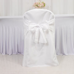 10-Pack Polyester Slip-On Folding Chair Covers with Attached Sashes – White Durable Reusable Covers for Wedding & Event Decor