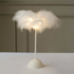 Table Lamp Feather Design White LED Battery Operated - Cordless Wedding Centerpiece 15"
