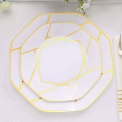 10-Pack Plastic 8" Octagon Dessert Plates in White - Modern Disposable Salad/Appetizer Plates with Gold Geometric Design for Special Occasions & Celebrations