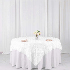 Satin 72"x72" Table Overlay Square Tablecloth White - 3D Rosette Design for Stylish Occasions