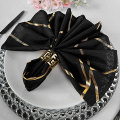 5 Pack Polyester 20"x20" Napkins Black with Gold Geometric Foil Pattern - Modern Reusable Dinner Napkins