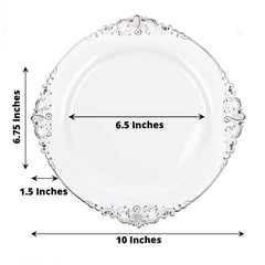 10-Pack Plastic 10" Round Dinner Plates in White with Silver Leaf Embossed Rim - Disposable Vintage Baroque Style Plates