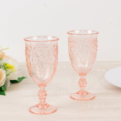 24-Pack Plastic Wine Glasses 10oz – Transparent Blush Vintage Goblets with Retro Embossed Design, Elegant Drinkware - 7" Tall