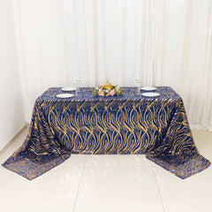 Mesh 90"x156" Rectangle Tablecloth Royal Blue/Gold - Wave Sequin Embroidered Table Cover