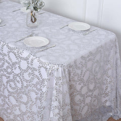 Tulle 90"x156" Rectangle Tablecloth Silver - Sequin Leaf Embroidered Table Cover