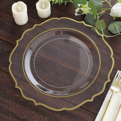 10-Pack Plastic 10" Round Dinner Plates in Clear with Gold Scalloped Rim - Disposable Party Plates
