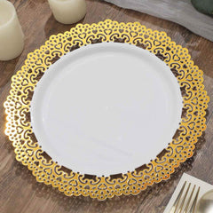 10-Pack Plastic 10" Round Dinner Plates in White with Gold Lace Rim - Disposable Party Plates for Classy Events & Banquets