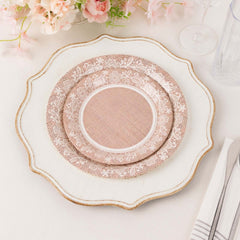 25-Pack Paper 9" Round Dinner Plates in Natural Burlap Print with White Floral Lace Rim - Rustic Farmhouse Inspired Disposable Party Plates