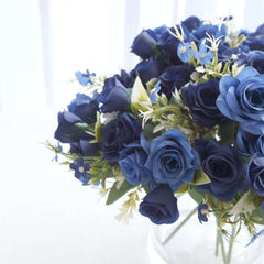 4 Bushes 12" Navy Blue Real Touch Artificial Silk Rose Flower Bouquet, Faux Bridal Flowers