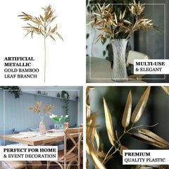 2-Pack Artificial Metallic Bamboo Leaf Branches Gold - Shiny Faux Plant Stems Vase Filler Floral Arrangement Centerpiece Decor 33"