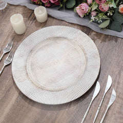 6-Pack Faux Wood Round Charger Plates 13" White Washed with Embossed Sunray Pattern, Chic Plastic Decorative Chargers
