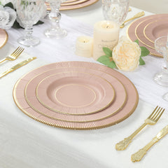 25-Pack Paper 8" Round Dessert Plates in Dusty Rose Sunray Design with Gold Rim - Disposable Heavy Duty 350GSM Appetizer Salad Plates
