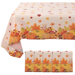 5-Pack Plastic Tablecloths Orange Thanksgiving Rectangle with Fall Leaves Pumpkin Print - Festive PVC Disposable Table Covers 54"x108"