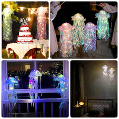 6 Pack Blue Purple Jellyfish Lamp Hanging Lantern Lights, 3 Flashing Modes Organza Ribbon Jelly Fish LED Lights Mermaid Theme Party Decor - 17"