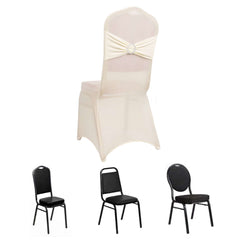 Spandex Chair Cover with Silver Rhinestone Buckled Sash Band Ivory - Stretch Fitted Slipcover